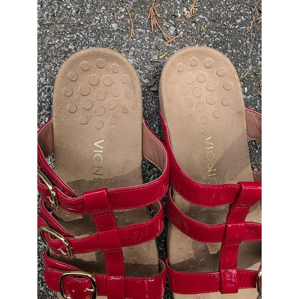 Vionic Misa (Sz 9) Sandals Women's Slides Red Patent Adjustable Straps Buckles